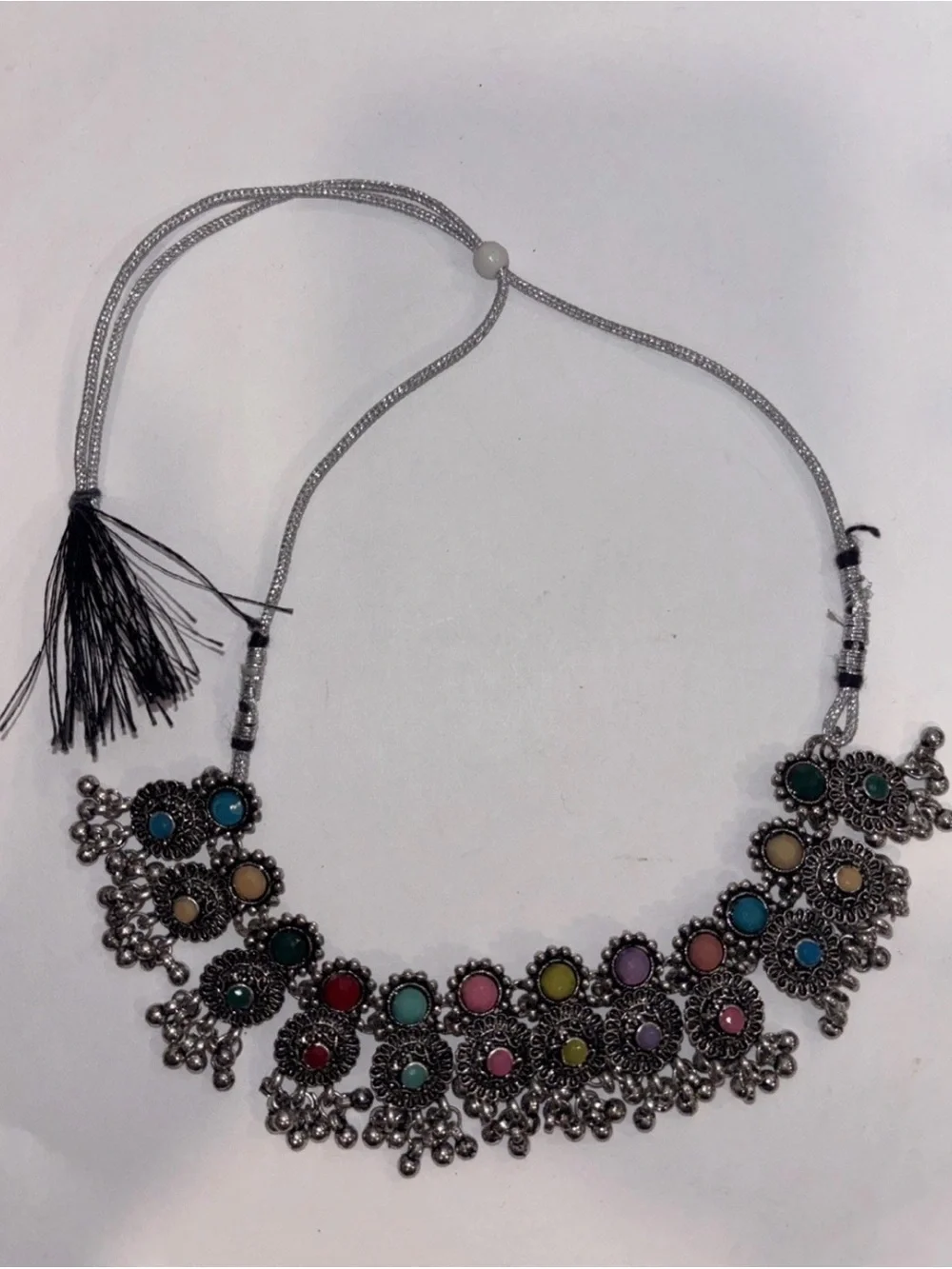 Boho Oxidized Silver Tone Statement Bib Necklace Multi Color Stone Tribal Dangle